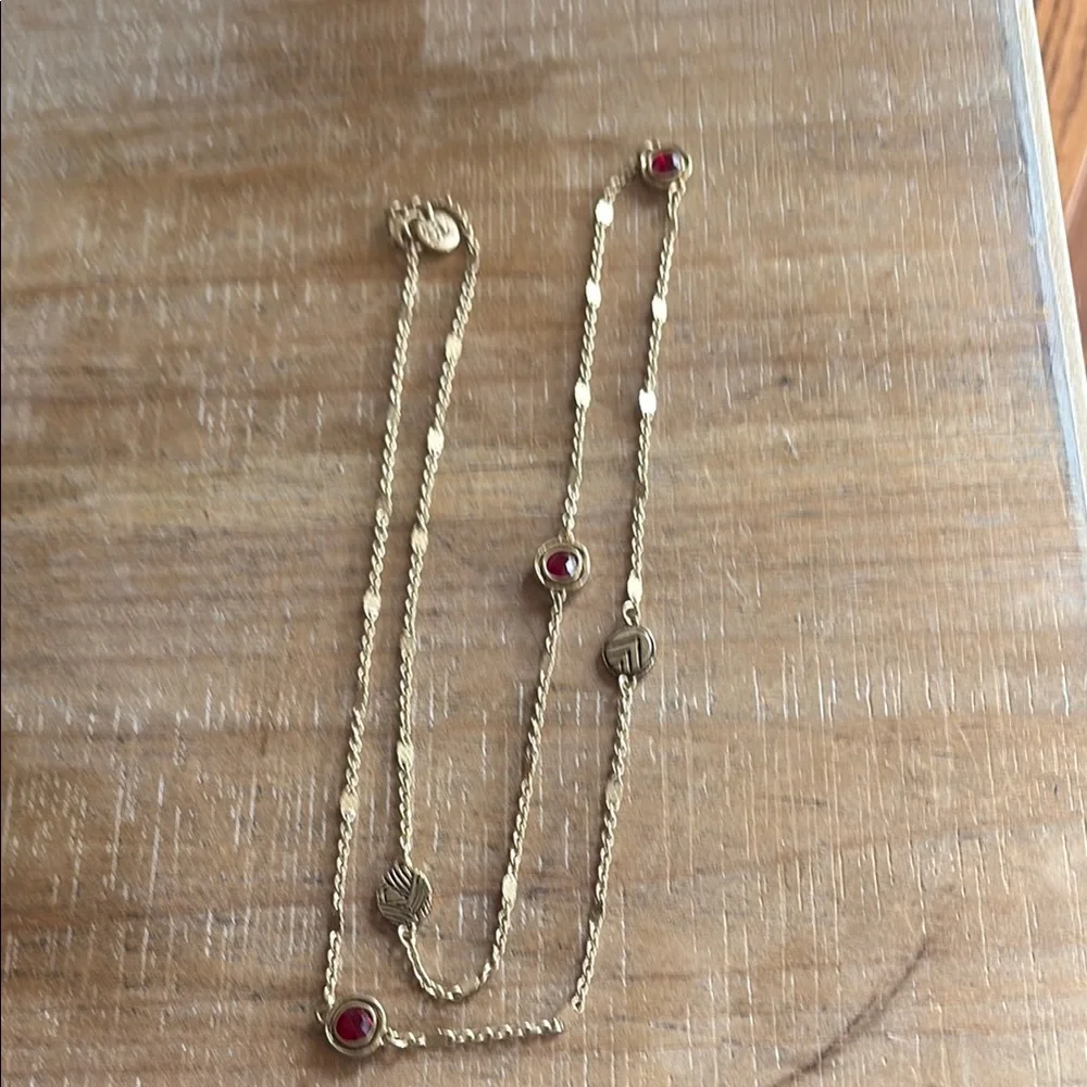 The Sak Gold and Ruby Red Crystal Station Necklace Minimalist Design